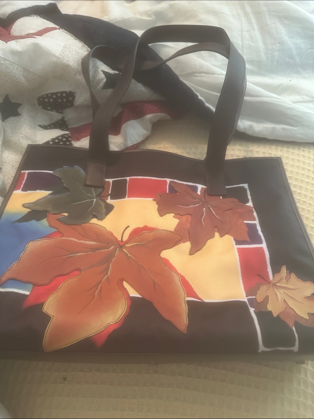 Sharif Brown Tote with Autumn Leaf Appliqués